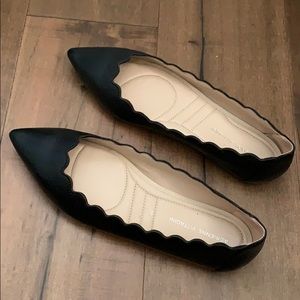 Adrienne Vittadini Leather Black Scalloped Flats